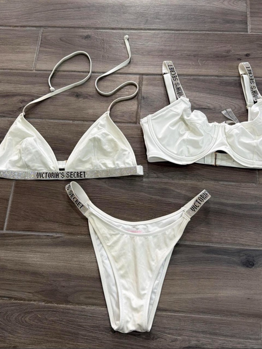 Victoria's Secret White Three-Piece Lingerie Set with Logo Straps 38DD
